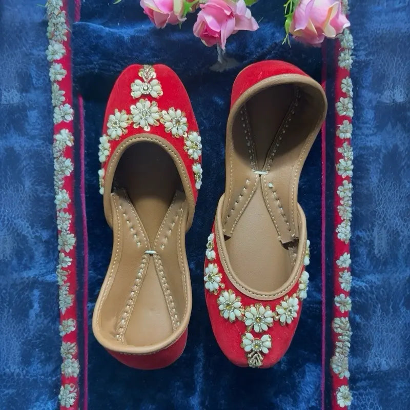 Handmade Velvet Bridal Mojaris - Elegant Red & Gold Traditional Footwear