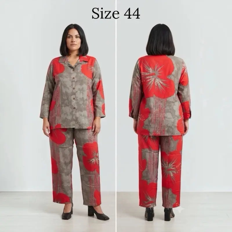 Women’s Red Printed 2Pc Co-Ord Set Size 44 Button Shirt Matching Pants