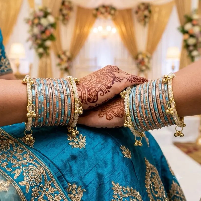 28pc Indian Bridal Bangle Set with 4 Kashmiri Ghungroo Kadas & 24pc Crystal Metal Bangles - Size 2.8 | Traditional Wedding Chura Jewelry