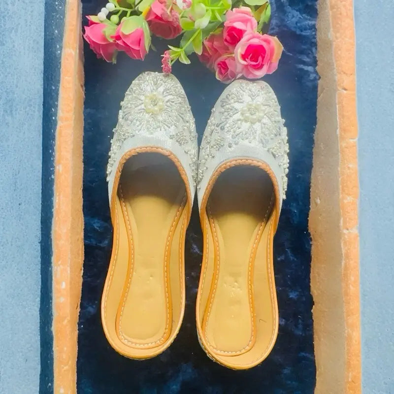 Handmade Pearl Embellished Khussa - Luxury White Bridal Jutti Flat Shoes for Weddings & Parties