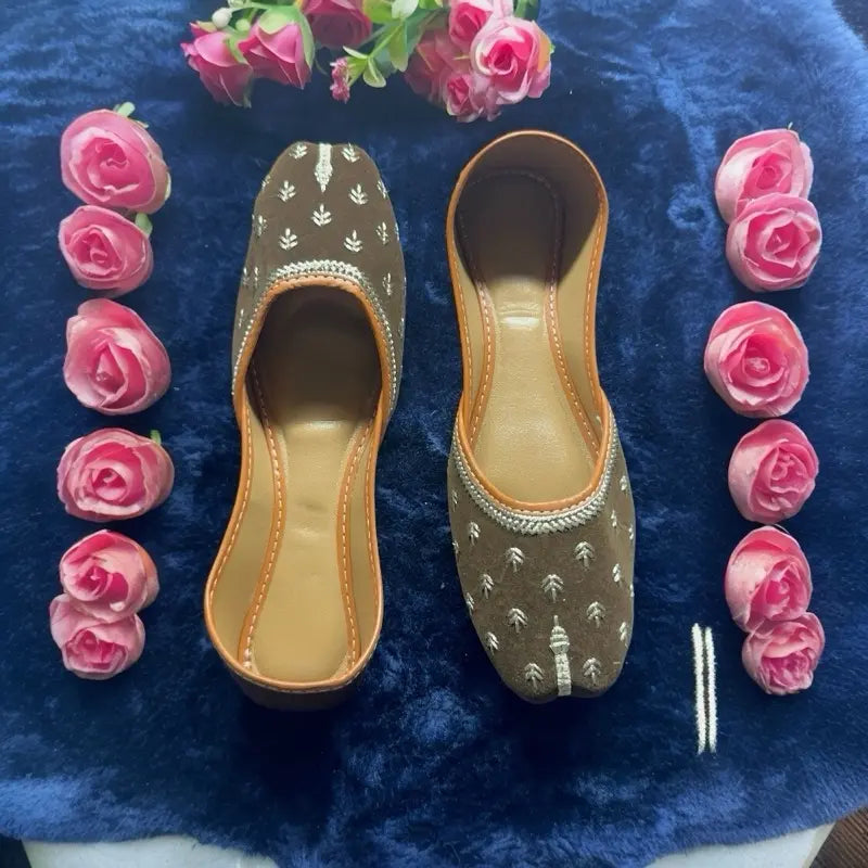 Handmade Brown Velvet Khussa Jutti - Elegant Embroidered Traditional Pakistani/Indian Ethnic Flats for Women - Formal Wedding & Party Wear