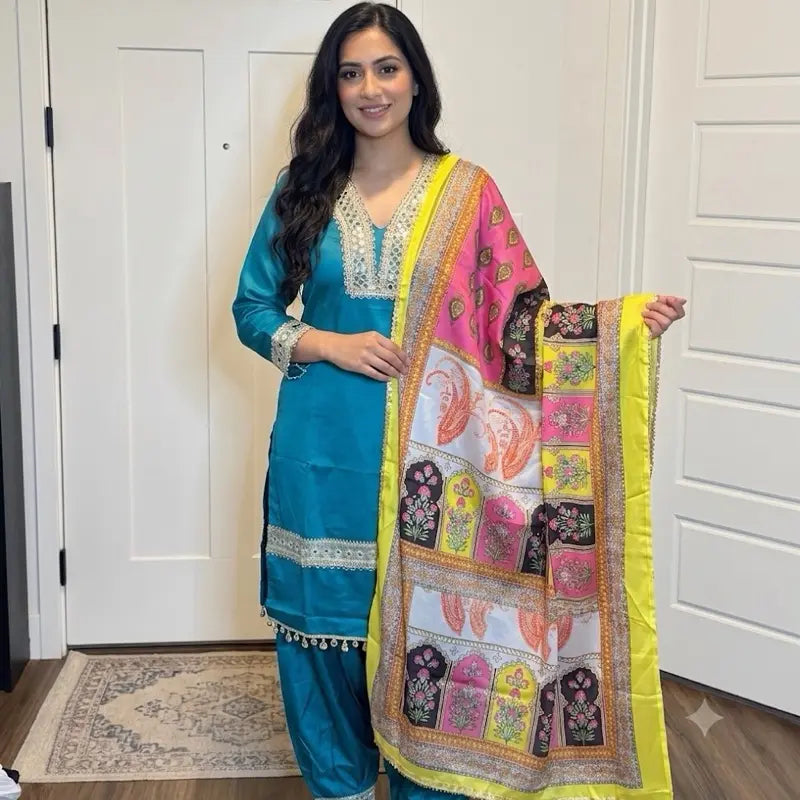 Women's Elegant Ethnic Kurta Set with Embroidered Floral Details and Sheer Mesh Dupatta Stylish Three-Piece Traditional Suit for Festivals and Weddings Size 40