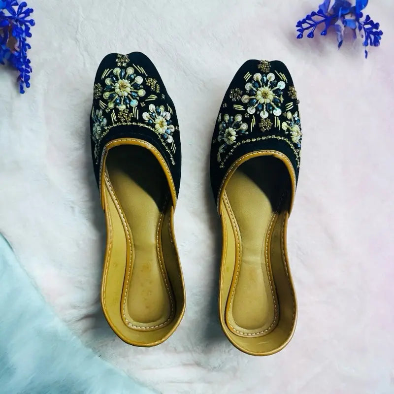 Vintage Glam Black Velvet Juttis | Premium Hand-Embroidered Ethnic Flats | Perfect for Weddings & Mehendi | Boho-Chic Traditional Footwear