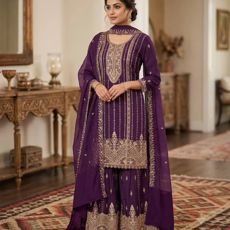 Heavy Embroidered Fersi Salwar Suit Designer 3pc Sharara Set (Size 46) | Luxury