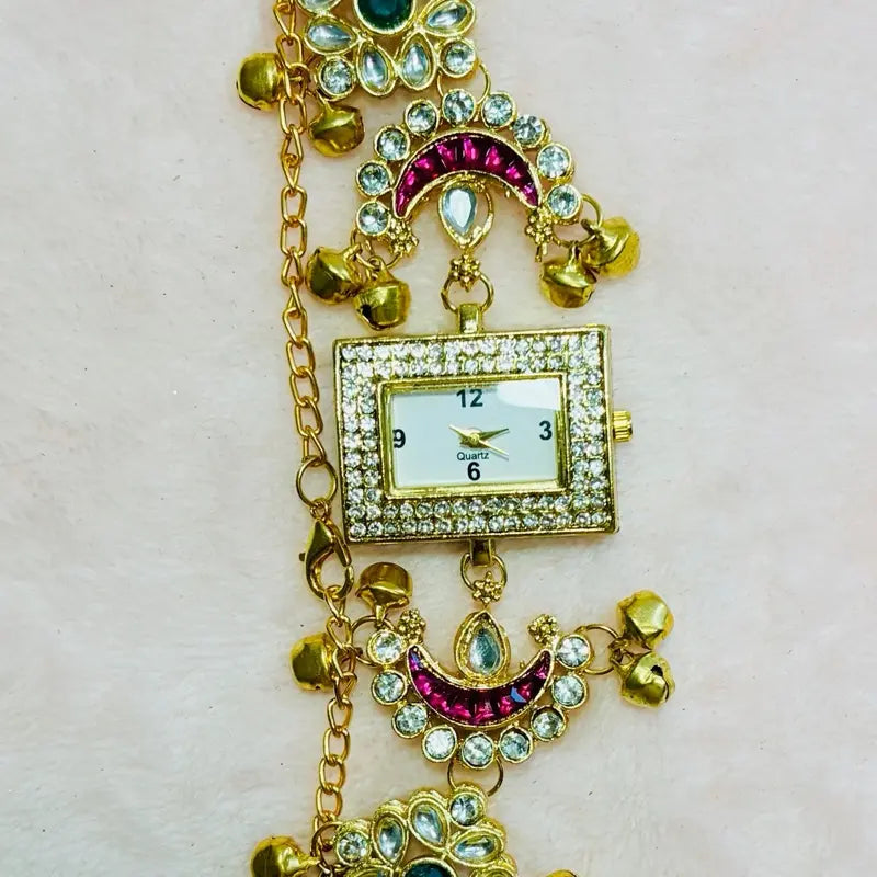 Kashmiri Ghungroo Bracelet Watch Collection - Traditional Design with Gold Chain and Pearl Accents