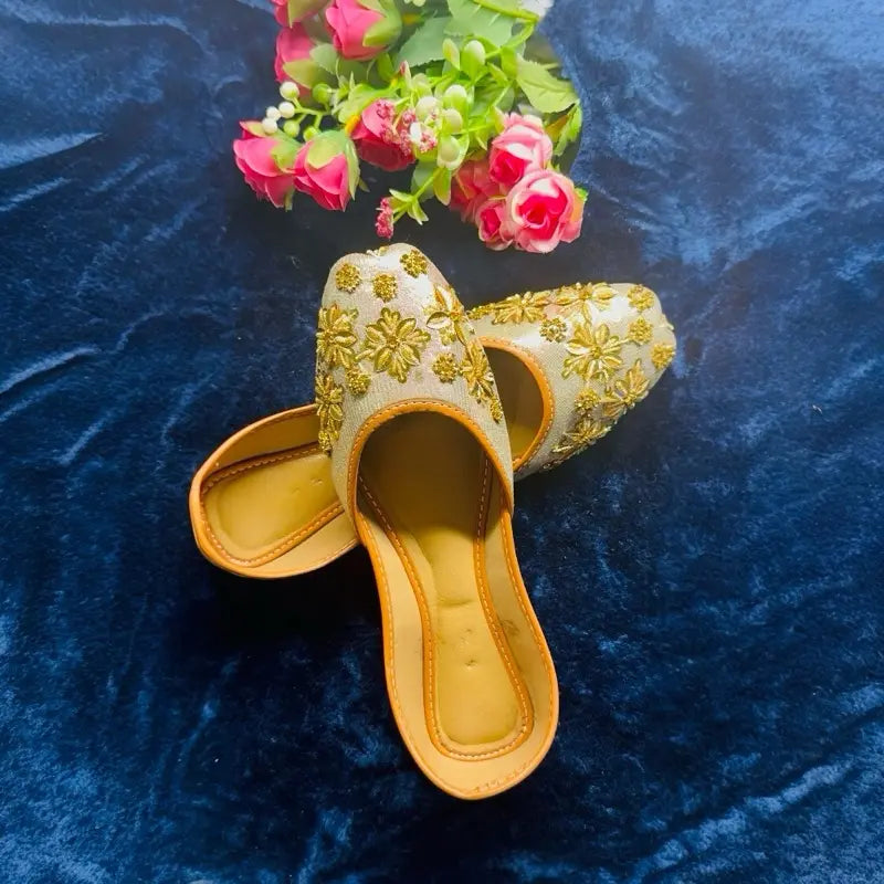 Leather Gold Floral Dream Mules | Hand-Embroidered Ethnic Flats for Weddings & Parties | Comfortable Sparkly Juttis