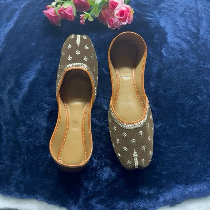Handmade Brown Velvet Khussa Jutti - Elegant Embroidered Traditional Pakistani/Indian Ethnic Flats for Women - Formal Wedding & Party Wear