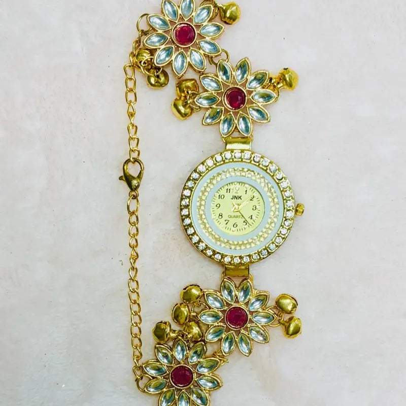 Kashmiri Ghungroo Bracelet Watch Collection - Traditional Design with Gold Chain and Pearl Accents