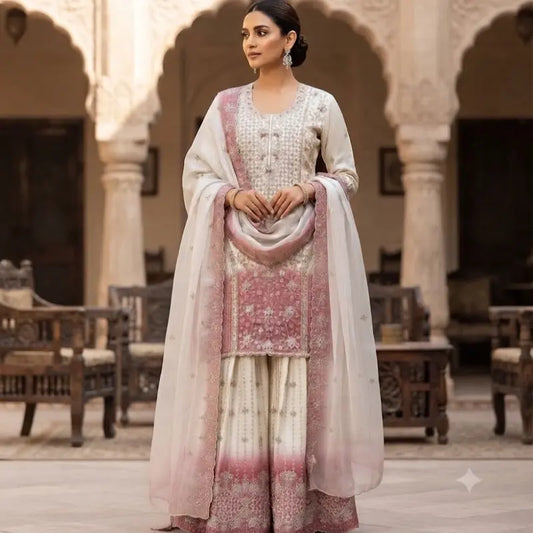 Luxury Embroidered Silk Sharara Set | Traditional 3-Piece Indian Pakistani Ethnic Wear | Elegant Festive Salwar Kameez Suit with Dupatta for Women Size 44