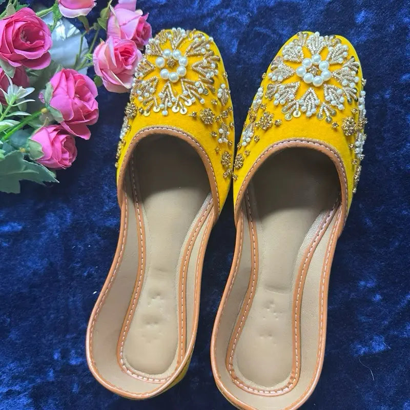 Handcrafted Velvet Mustard Juttis/Khussa with Pearl Embellishment | Traditional Indian Ethnic Flat Shoes for Women | Elegant Wedding & Festive Mojaris Footwear