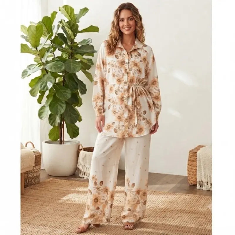 White Gray Floral 2Pc Co-Ord Set Size 38 Tie Waist Long Shirt Wide Leg Pants Womenswear Clothes Suits Top Wideleg