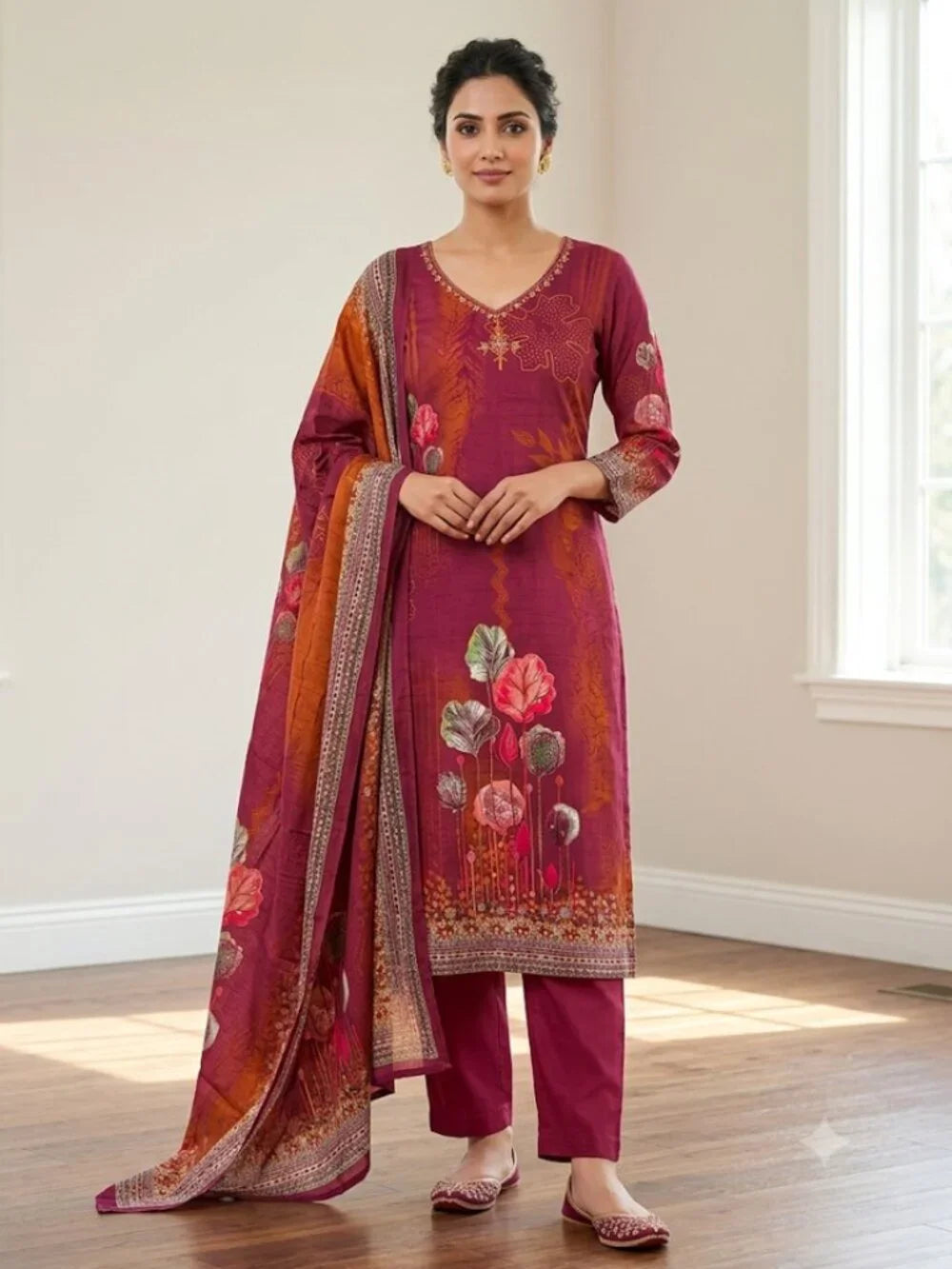 Women's Floral Print Kurta Set with Dupatta Elegant Three-Piece Outfit Ethnic We