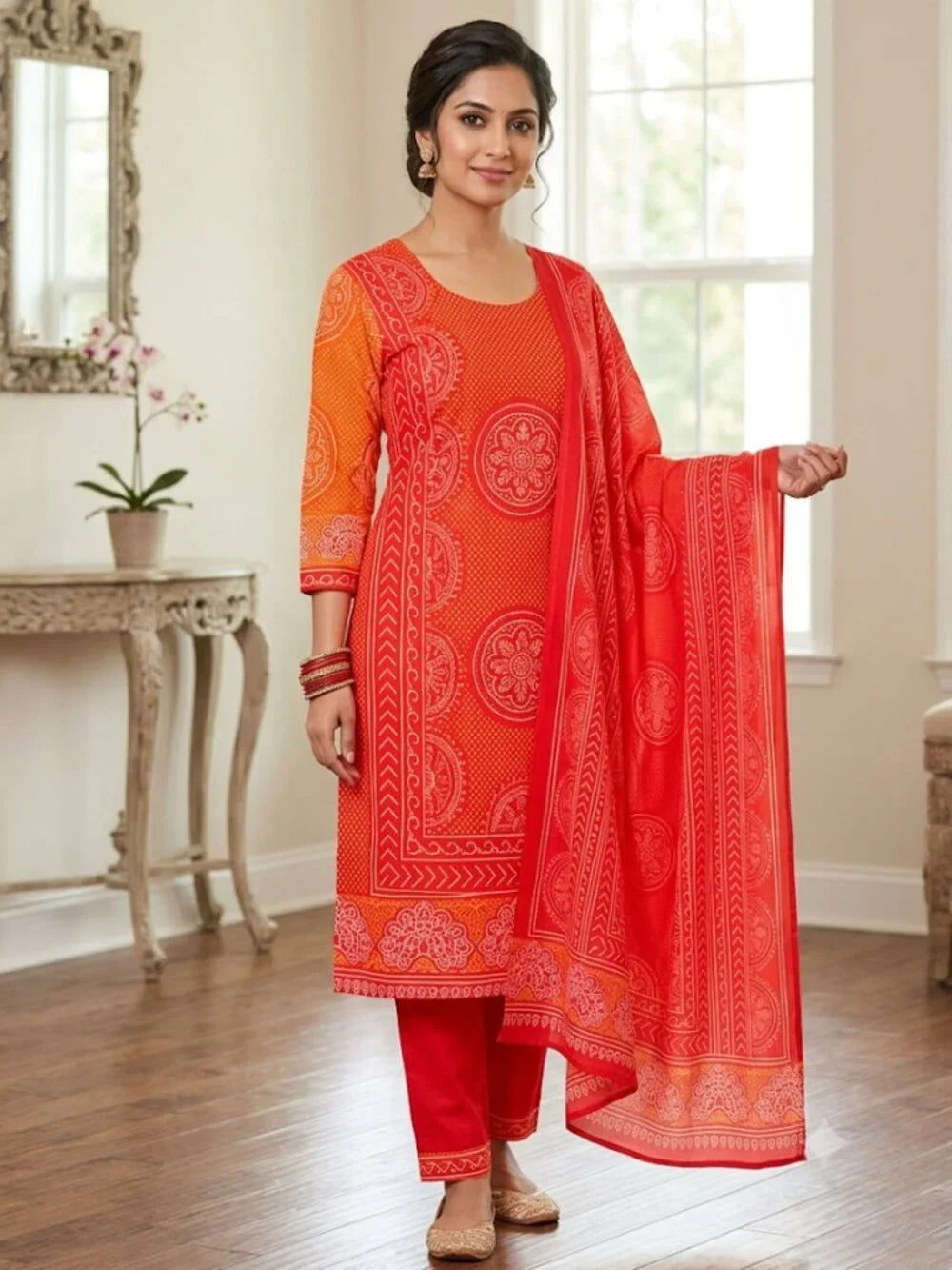 Women's Printed Kurta Set with Dupatta Elegant Three-Piece Outfit Ethnic Traditional Wear