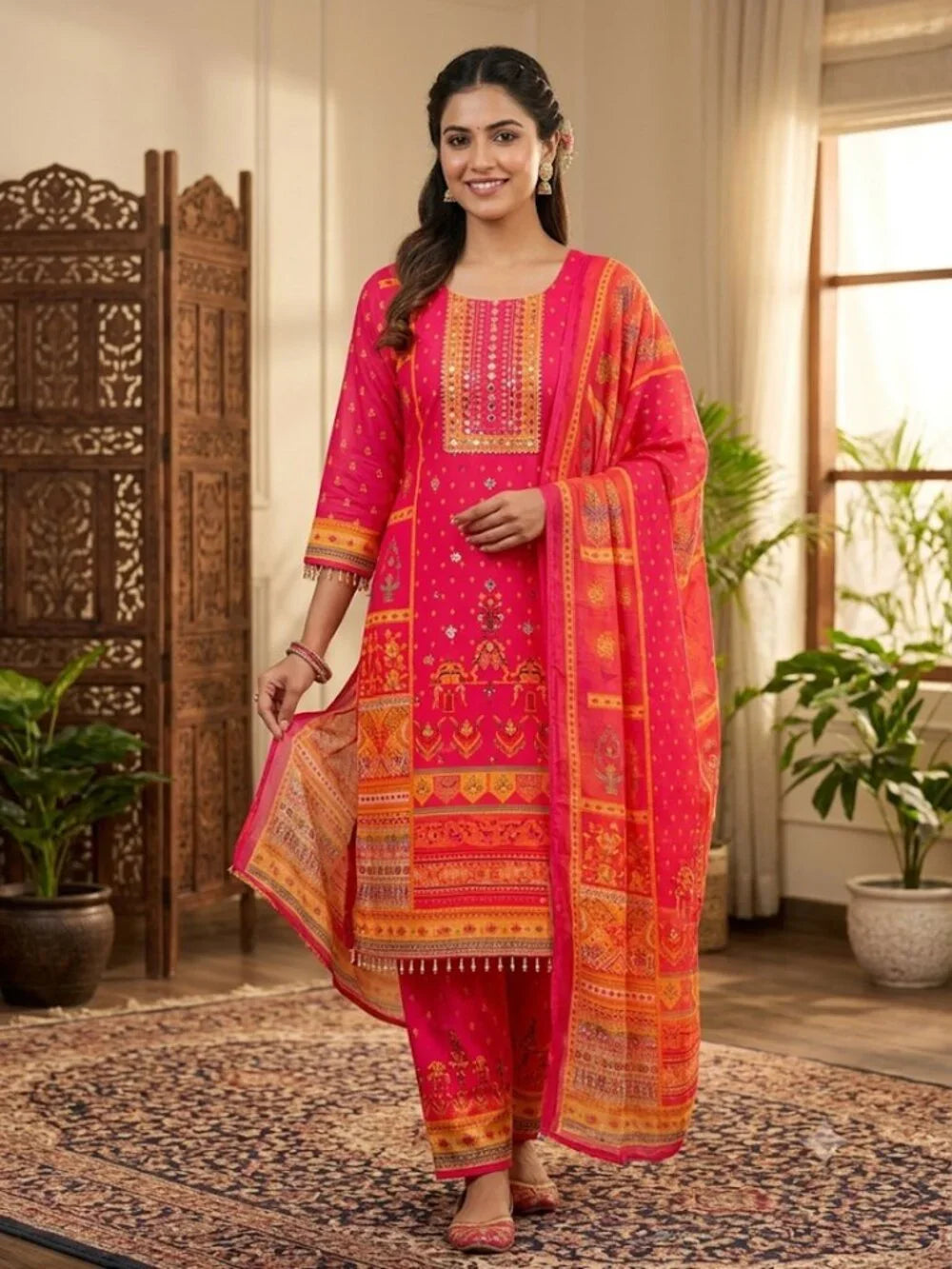 Women's Printed Kurta Set with Dupatta Elegant Three-Piece Outfit Ethnic Traditional Wear