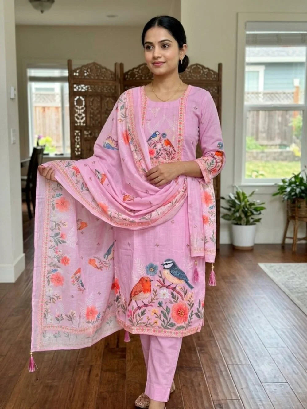 Women's Bird and Floral Print Kurta Set with Dupatta Elegant Three-Piece Outfit