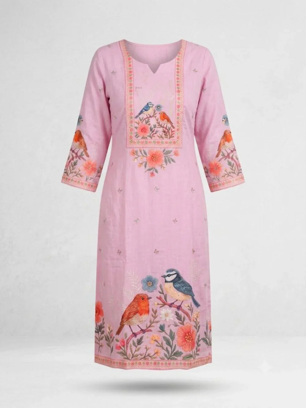 Women's Bird and Floral Print Kurta Set with Dupatta Elegant Three-Piece Outfit