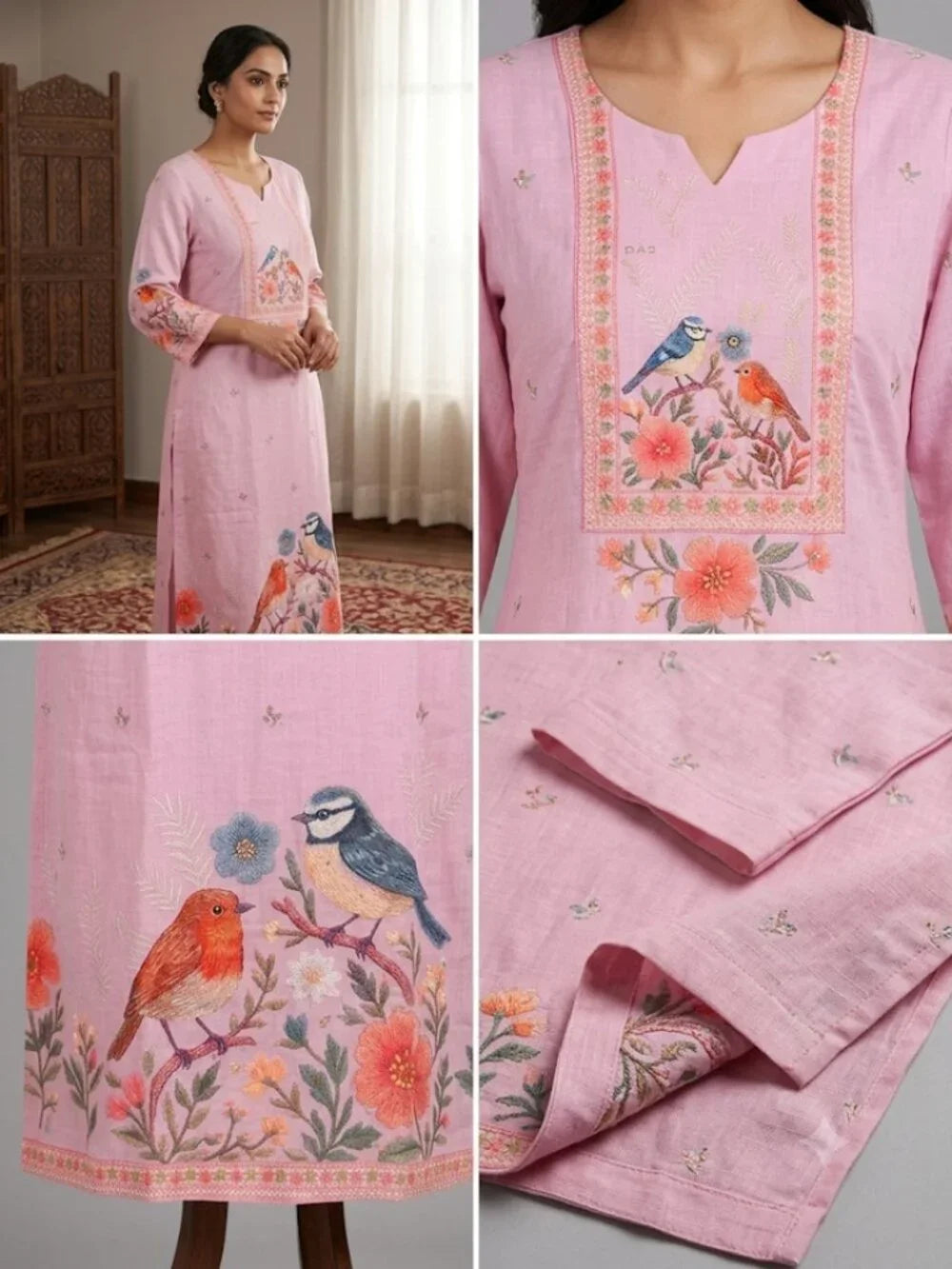 Women's Bird and Floral Print Kurta Set with Dupatta Elegant Three-Piece Outfit