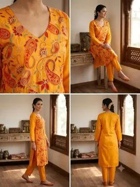 Women's Paisley Floral Kurta Set with Trousers Elegant Ethnic Two-Piece Outfit C