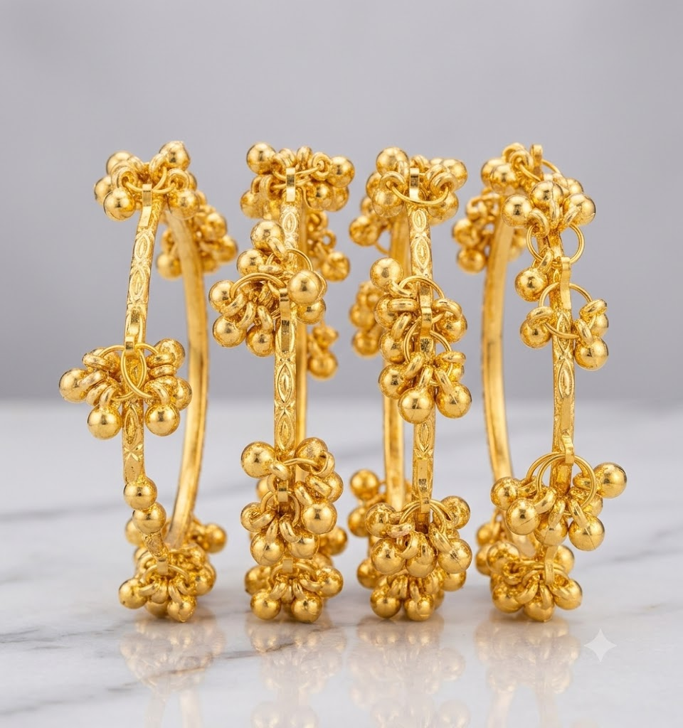 4pcs Traditional Kashmiri Adjustable Bangle Set with Hanging Ghungroo Style Bead Clusters - Ethnic Statement Jewelry